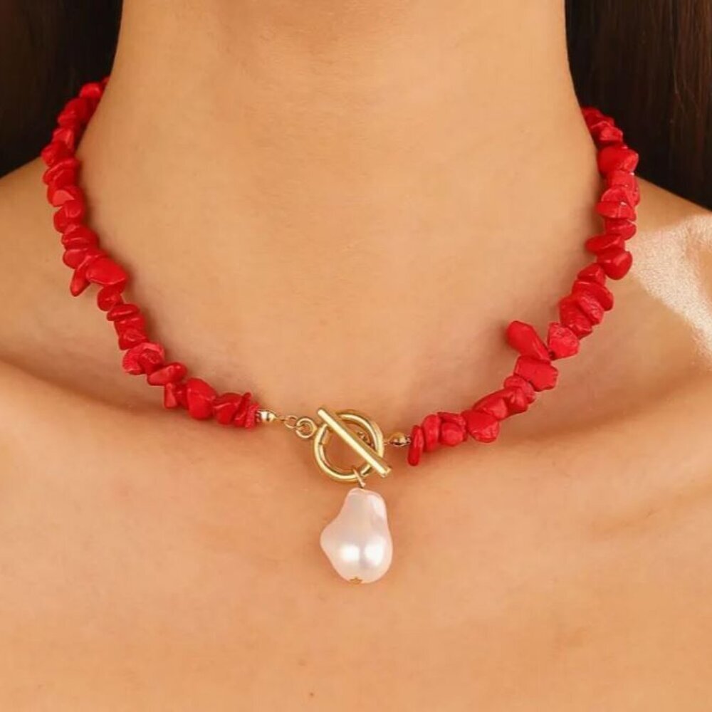 NEW Adair Red Rough-Cut Stone and Freshwater Pearl Drop Toggle Necklace
